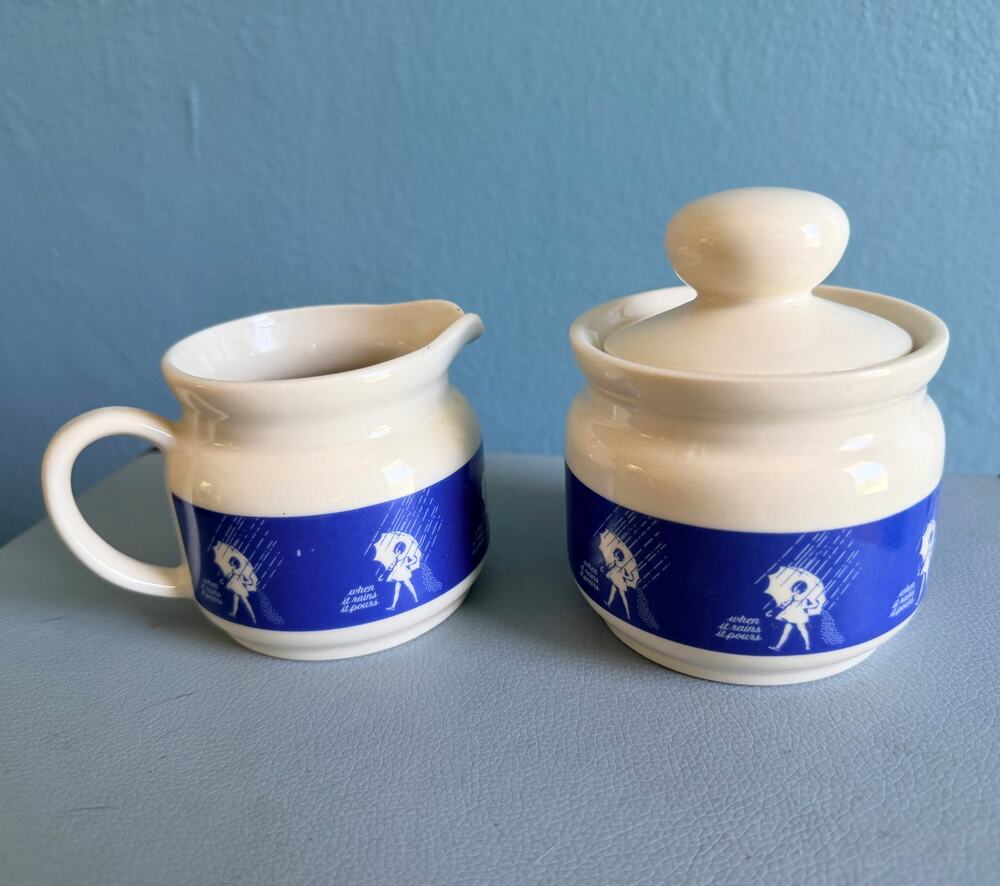 Vintage Morton Salt When It Rains It Pours Creamer Sugar Set Umbrella Girl